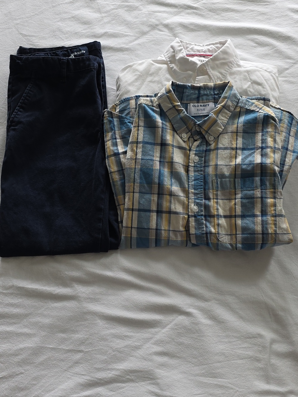 Old Navy Boys Blue & Yellow Plaid Shirt,  Navy Pants, French Toast White Shirt